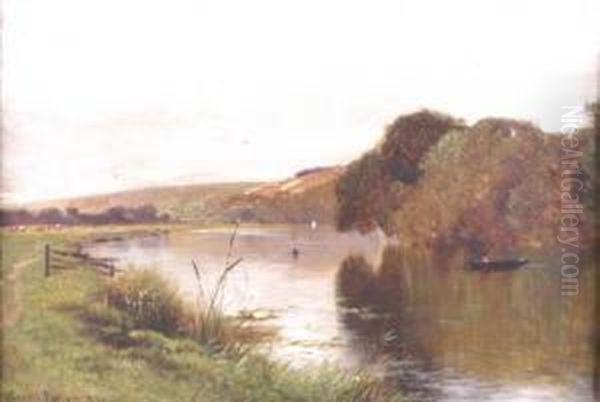 River Landscape With Small Boats Oil Painting by Ernest Parton