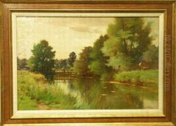 Figure On A Footbridge In A Spring Landscape Oil Painting by Ernest Parton