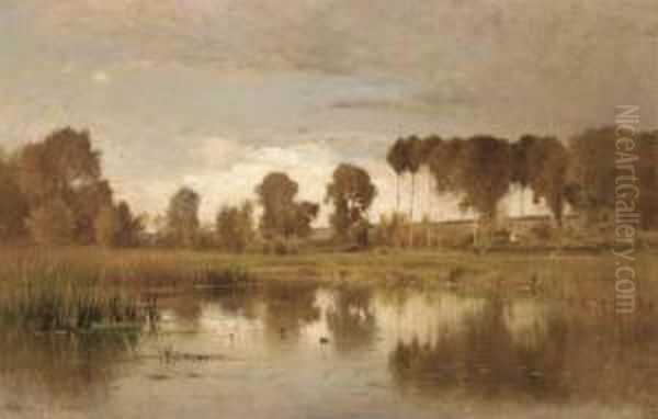 Landscape With Pond And Poplars Oil Painting by Ernest Parton