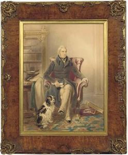 Portrait Of A Gentleman, Seated 
Small Three-quarter-length, In Ablack Coat, In A Library, A Spaniel By 
His Side Oil Painting by John Partridge