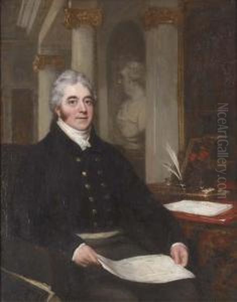 Portrait Of A Gentleman, Small 
Seated Three-quarter-length, Holding Architectural Drawings, In A 
Neo-classical Interior Oil Painting by John Partridge