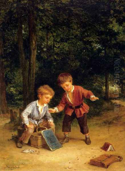 Playing Marbles Oil Painting by Andre Henri Dargelas