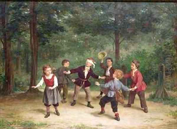 Blind Mans Buff 91316me children playing wood male female dlindfold colin maillard Oil Painting by Andre Henri Dargelas