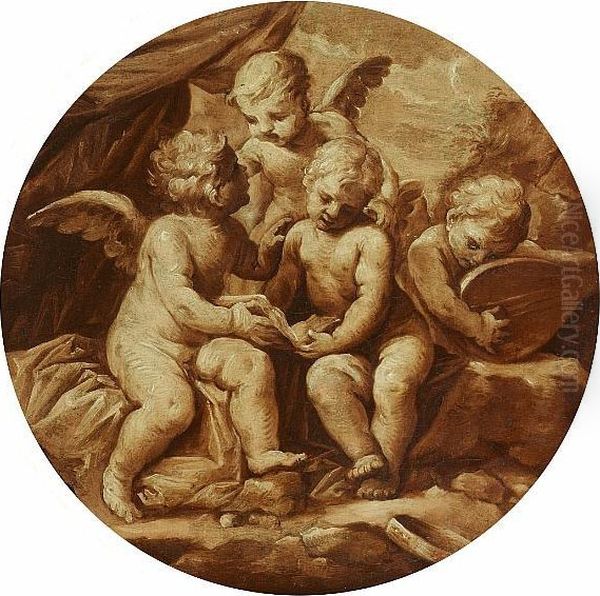 Putti Making Music Oil Painting by Lorenzo Pasinelli