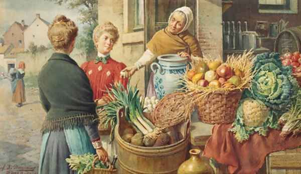 A fruit market in Rome Oil Painting by Achille De Dominicis