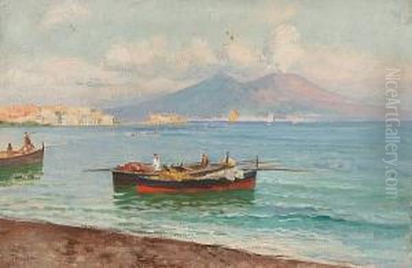 Italian Coastal Scene With 
Fisherman Bringing In The Catch, Together With Another Similar Of 
Fishermen In Sailing Boats By The Shore, A Pair, Unframed Oil Painting by Lazzaro Pasini