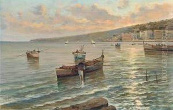 Fishermen Off A Neapolitan Coastal Town Oil Painting by Lazzaro Pasini