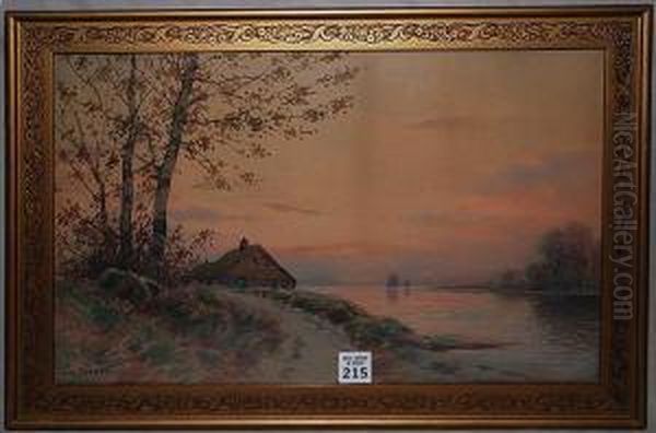 House By Lake At Sunset Oil Painting by William Frederick Paskell