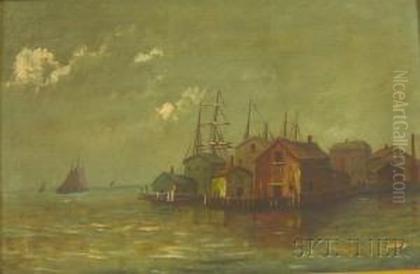 Wharf View With Fishing Shacks Oil Painting by William Frederick Paskell