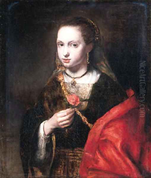 A young woman, small half-length, in a brown dress with a red mantle, a rose in her right hand Oil Painting by Abraham van Dijck