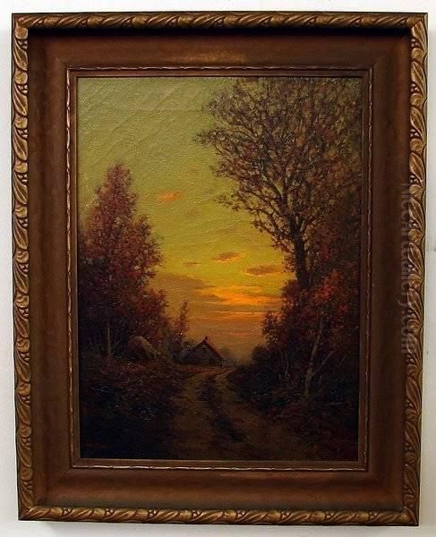 Sunset Landscape With Tree Lined Road To Cottage Oil Painting by William Frederick Paskell