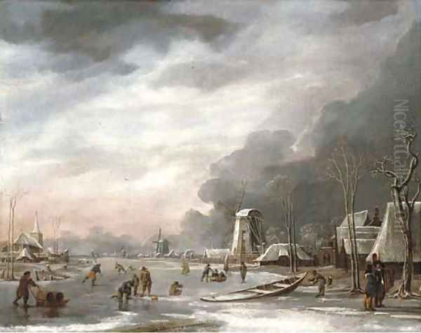 A winter landscape with villagers sledging on a frozen lake, a church beyond Oil Painting by Hendrik Jakobsz. Dubbels