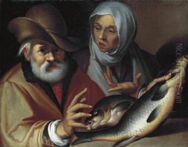 An Old Couple Selling Fish Oil Painting by Bartolomeo Passarotti