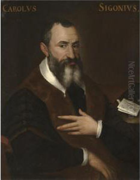 Portrait Of Carlo Sigonio, Half 
Length, Seated, Wearing A Black And Brown Coat With A White Collar Oil Painting by Bartolomeo Passarotti