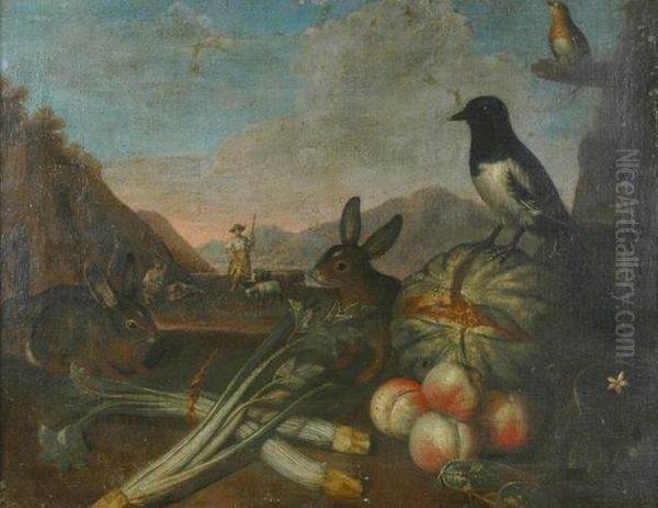 Still Life With Fruit And Animals In A Landscape Oil Painting by Bartolomeo Passarotti