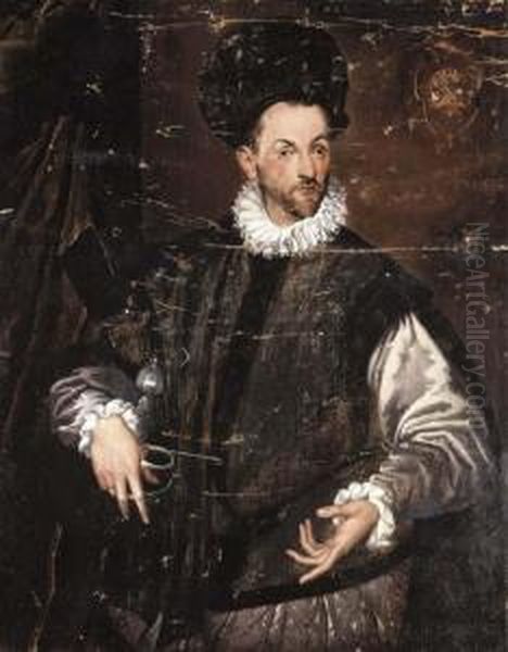 Portrait Of Constantius De 
Ballis, Three-quarter-length, In A Blackdoublet, His Right Hand Resting 
On The Pummel Of His Sword Oil Painting by Bartolomeo Passarotti