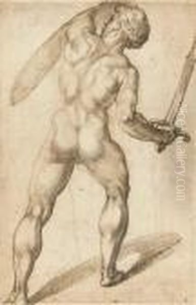 A Nude Seen From Behind Holding A Sword And A Shield Oil Painting by Bartolomeo Passarotti