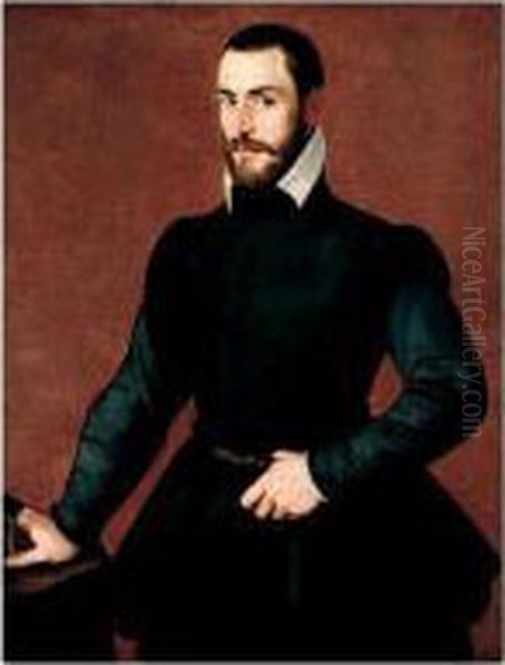 Portrait Of A Gentleman, 
Three-quarter Length, Standing, Wearing Black, Holding A Glove In His 
Right Hand And Resting On A Table Oil Painting by Bartolomeo Passarotti