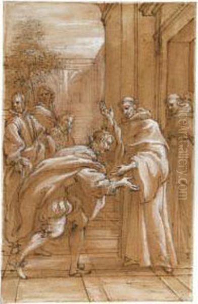 St Bernard Received Into The Abbey Of Citeaux By St Stephen Harding Oil Painting by Giuseppe Passeri