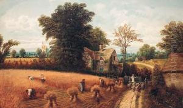 Countryfolk Harvesting, Near Reading Oil Painting by Charles Henry Passey