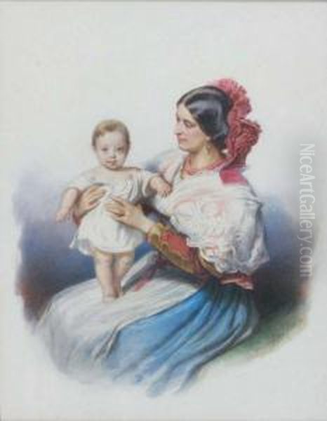 Jeune Italienne Tenant Son Enfant Oil Painting by Ludwig Passini