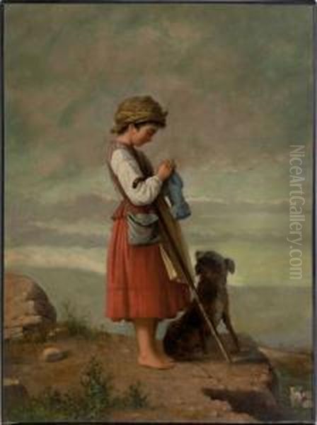 A Young Girl And A Dog Oil Painting by Ludwig Passini