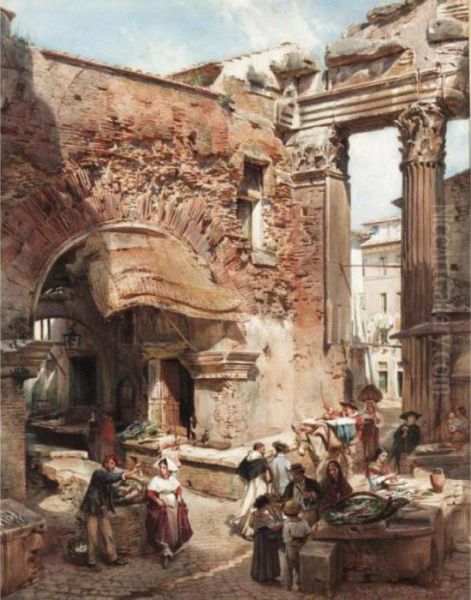 An Italian Market Scene By Roman Ruins; A Church Interior Oil Painting by Ludwig Passini