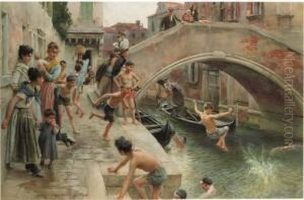 Figures On A Venetian Canal Oil Painting by Ludwig Passini