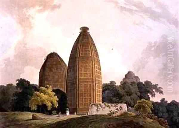 Hindoo Temples at Bindrapund on the River Jumna Oil Painting by Thomas Daniell