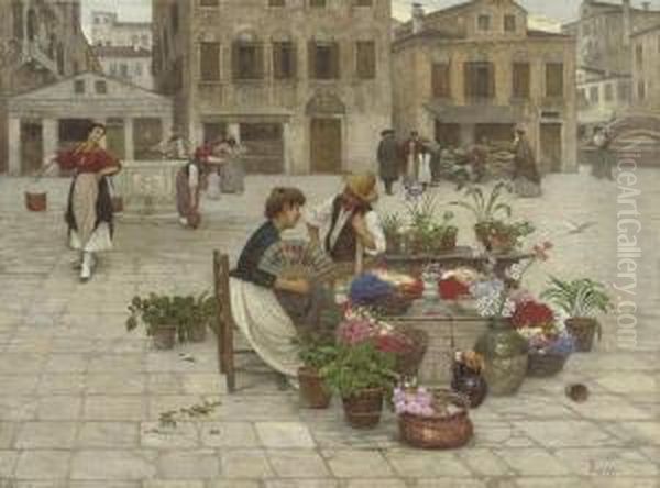 A Tryst At A Venetian Flower Market Oil Painting by Luigi Pastega