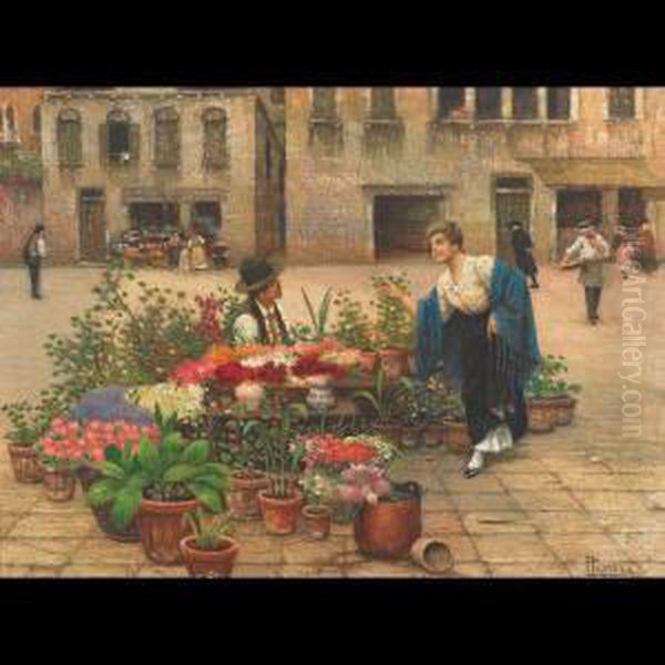 At The Vegetable Vendor; At The Flower Vendor Oil Painting by Luigi Pastega