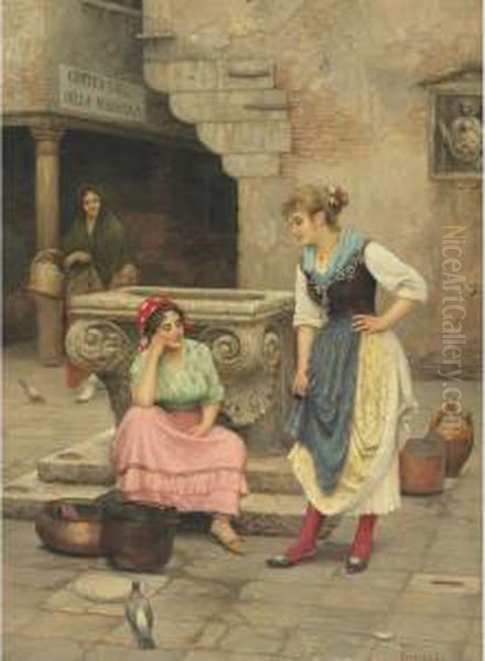 New Red Stockings (idle Gossips) Oil Painting by Luigi Pastega