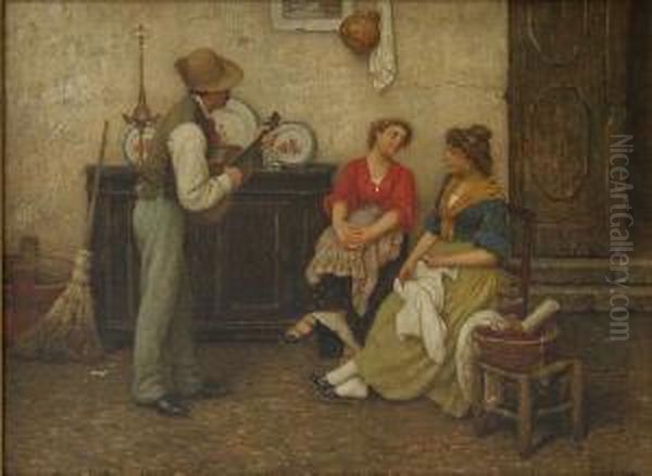 Interiors With Musicians Playing To Girls Oil Painting by Luigi Pastega