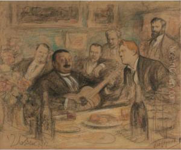 At K.a. Korovin's 'old Time Songs': Chaliapin And The Artists Oil Painting by Leonid Ossipovich Pasternak