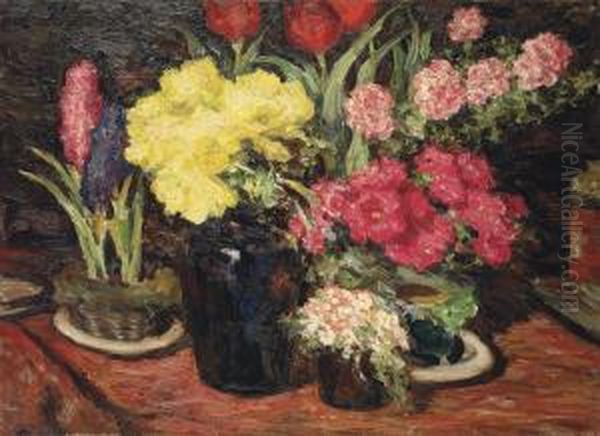 Still Life With Hyacinths, Tulips, Hollyhocks And Peonies Oil Painting by Leonid Ossipovich Pasternak