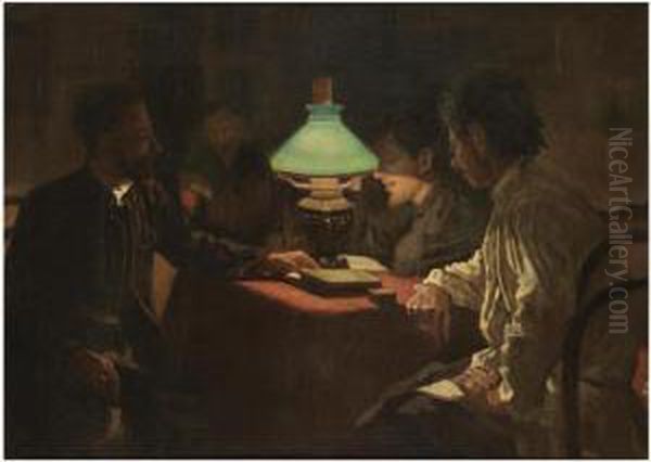 Reading By The Green Lamp Oil Painting by Leonid Ossipovich Pasternak