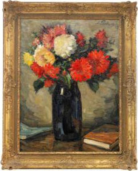 Still Life With A Blue Vase Of Dahlias Oil Painting by Leonid Ossipovich Pasternak