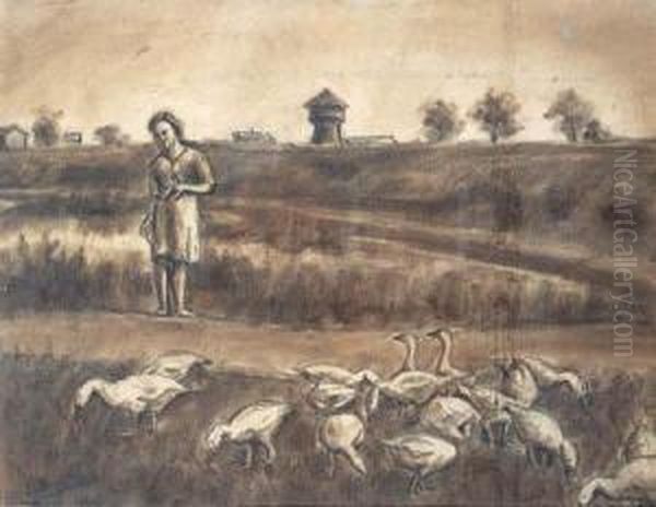 Geese Shepherd Oil Painting by Leonid Ossipovich Pasternak