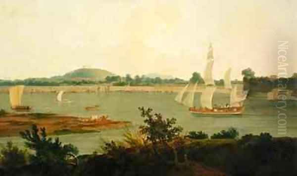 Pinnace Sailing Down the Ganges past Monghyr Fort Oil Painting by Thomas Daniell