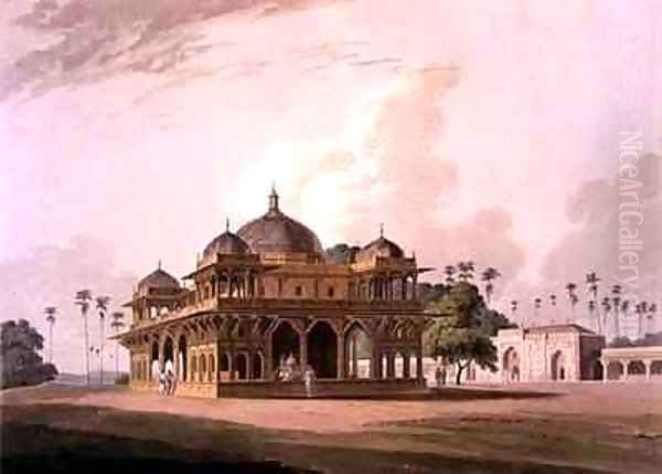 The Mausoleum of Mucdoom Shah Dowlut at Moneah on the River Soane Oil Painting by Thomas Daniell