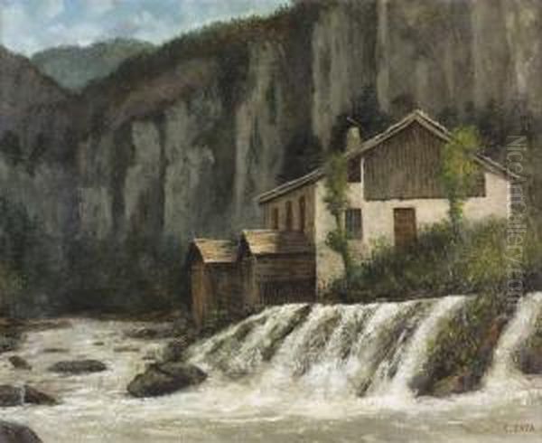 Landschaft Mit Anwesen Bei Einem Wasserfall. Oil Painting by Cherubino Pata