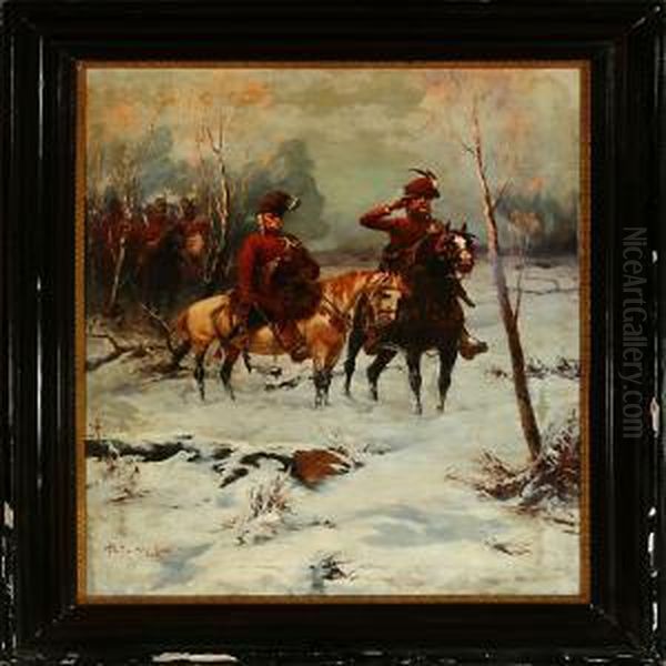 Soldiers Onhorsebacks Are Watching Over The Hungarian Plain On A Winter Day Oil Painting by Laszlo Pataky Von Sospatak