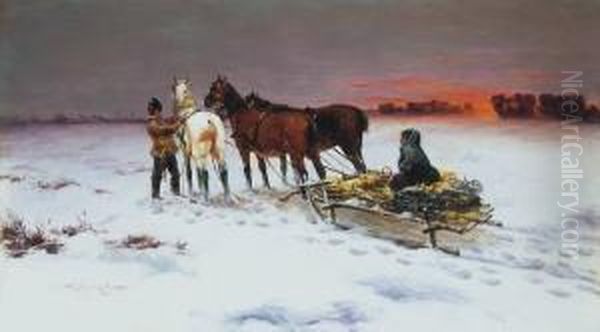 Winter Journey Oil Painting by Laszlo Pataky Von Sospatak