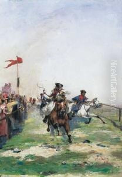 Horse Derby Oil Painting by Laszlo Pataky Von Sospatak