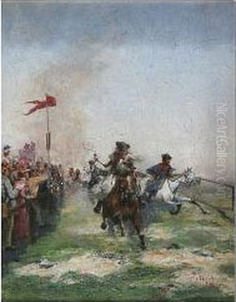 A Horse Race - Nearing The Finishing Line Oil Painting by Laszlo Pataky Von Sospatak