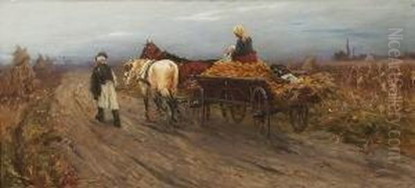 Bauernfamilie Mit Pferdefuhrwerk
 Auf Dem Heimweg. Oil Painting by Laszlo Pataky Von Sospatak