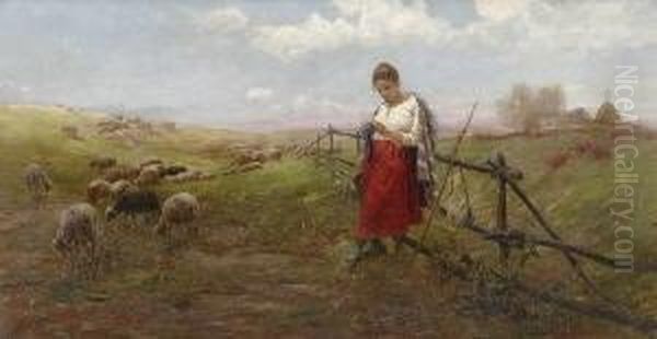 Strickende Hirtin Mit
 Schafherde. Oil Painting by Laszlo Pataky Von Sospatak