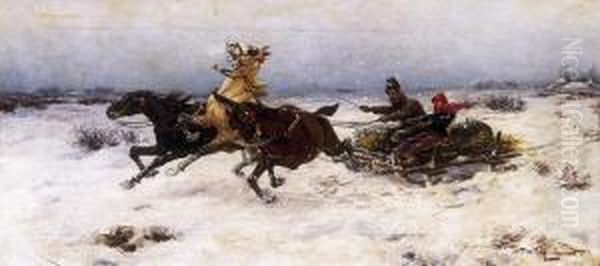 Sledge, Galopping Oil Painting by Laszlo Pataky Von Sospatak