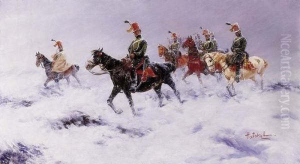 Cavalrymen In Snowstorm Oil Painting by Laszlo Pataky Von Sospatak