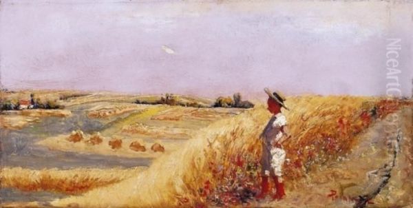 Straw - Hatted Boy In The Field Oil Painting by Laszlo Pataky Von Sospatak